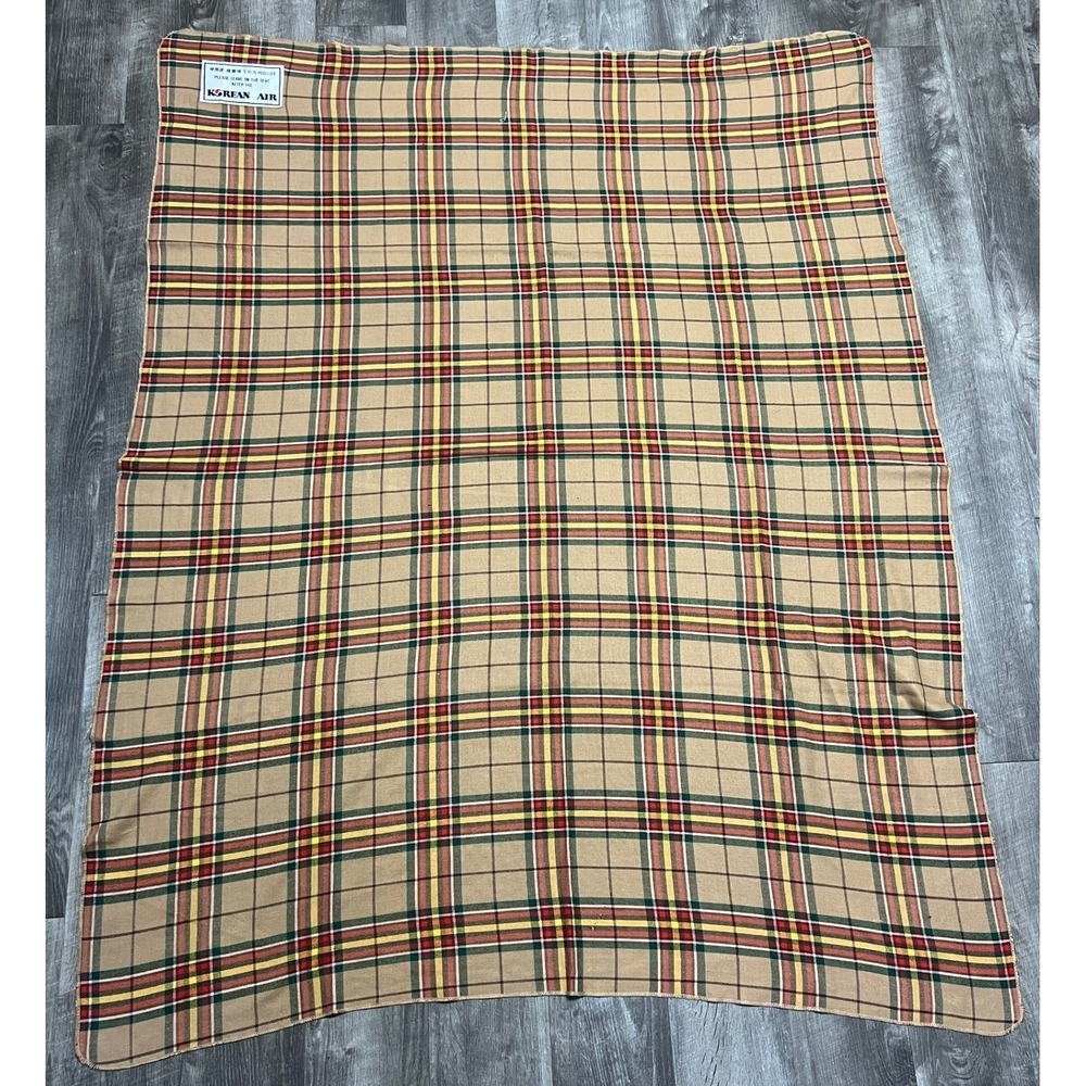 Korean Air Airline Cabin Blanket Plaid Tan Red 100% Acrylic 61x48 Throw VTG